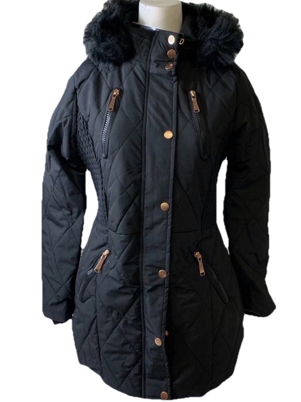 Women's Black Quilted Hooded Puffer Coat with Faux Fur Trim